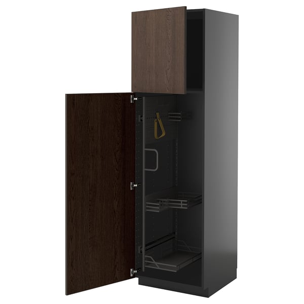 Armoire METOD, haute en bois brun foncé, étagères réglables, poignées en acier, intérieur en métal.
