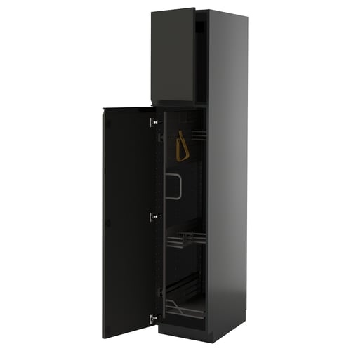 Armoire de cuisine METOD, noir mat, design mince avec porte ouverte, style moderne.