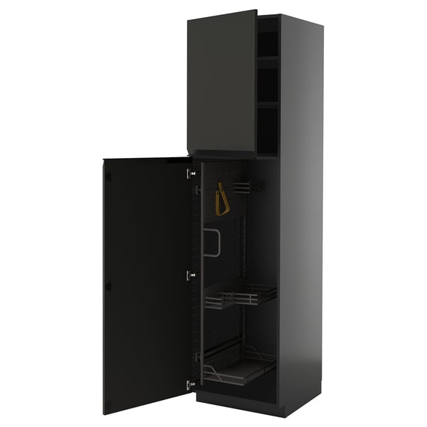 Armoire de cuisine METOD noire moderne avec des portes élégantes et des étagères coulissantes.
