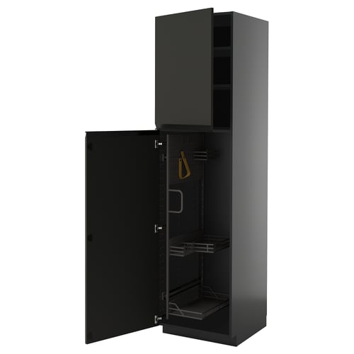 Armoire de cuisine METOD noire moderne avec des portes élégantes et des étagères coulissantes.