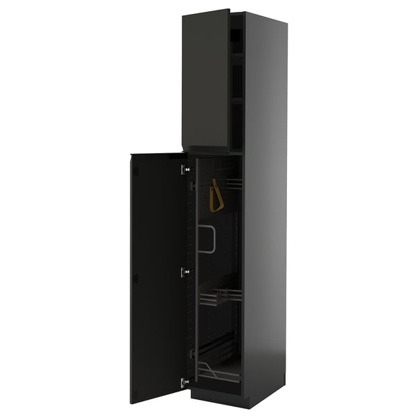 Armoire de cuisine noire avec porte ouverte, finition brillante, forme rectangulaire, design moderne.