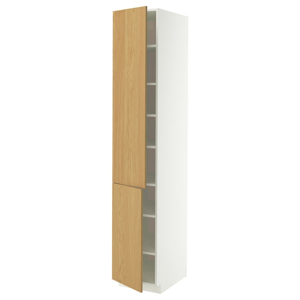 METOD Élément haut tablettes/2portes, blanc/Sinarp plaqué chêne, 40x60x220 cm