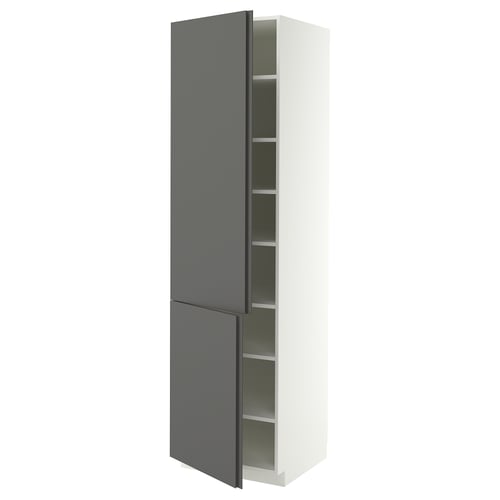 METOD Élément haut tablettes/2portes, blanc/VOXTORP gris foncé poignée verticale, 60x60x220 cm