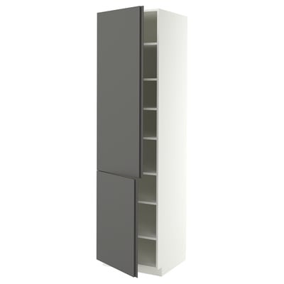 METOD Élément haut tablettes/2portes, blanc/VOXTORP gris foncé poignée verticale, 60x60x220 cm
