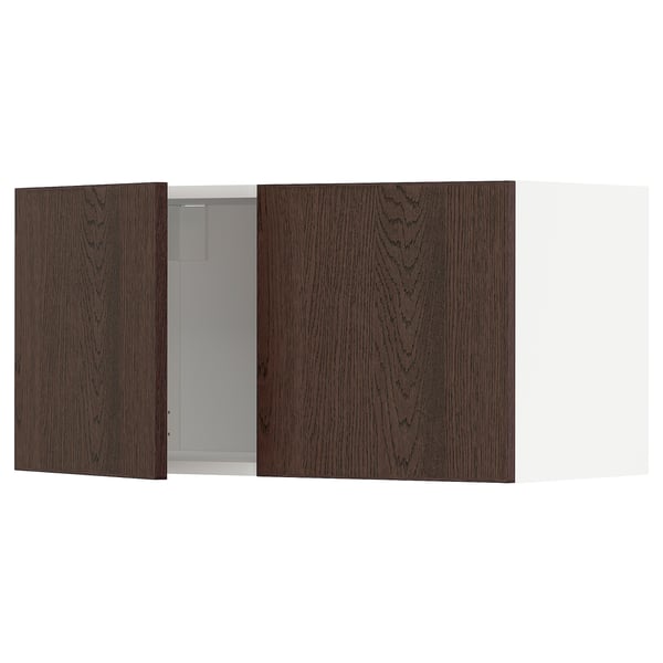 Armoire de cuisine brune avec porte vitrée.