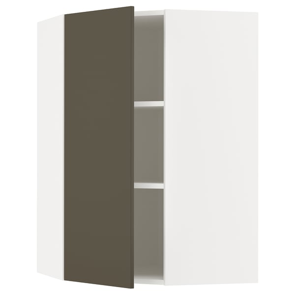 Une armoire de cuisine murale moderne avec une porte brun foncé et un intérieur beige. Il s’agit d’une étagère réglable et d’un design élégant.