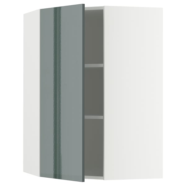 Armoire de cuisine brillante gris-vert METOD, design rectangulaire élégant, porte ouverte révélant une étagère réglable.