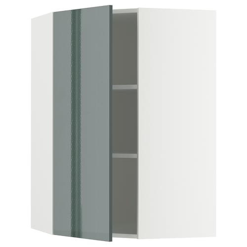 Armoire de cuisine brillante gris-vert METOD, design rectangulaire élégant, porte ouverte révélant une étagère réglable.