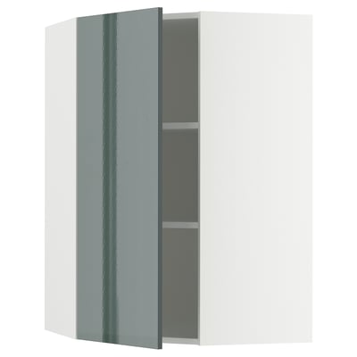 Armoire de cuisine brillante gris-vert METOD, design rectangulaire élégant, porte ouverte révélant une étagère réglable.