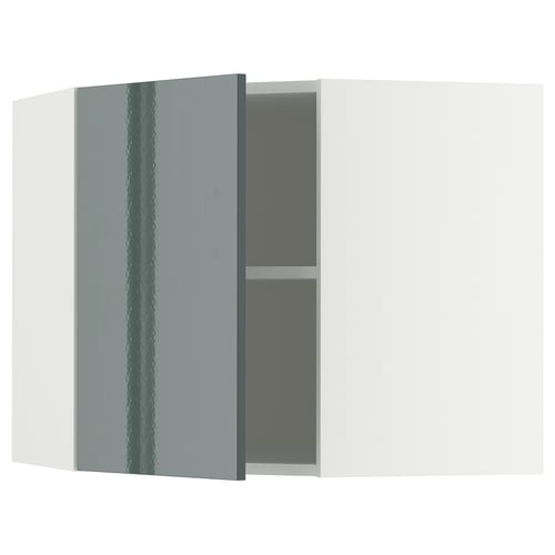 L’image montre une armoire de cuisine METOD moderne et brillante gris-vert avec une porte ouverte.
