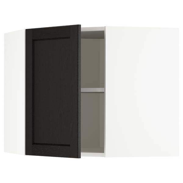 Armoire de cuisine murale teintée noire avec porte biseautée et tablette réglable.