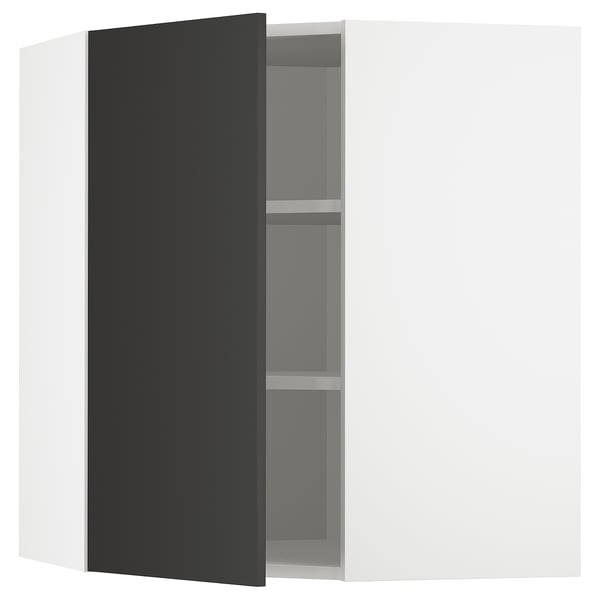 Une armoire d’angle de cuisine moderne et noire avec des étagères réglables et une porte réversible.