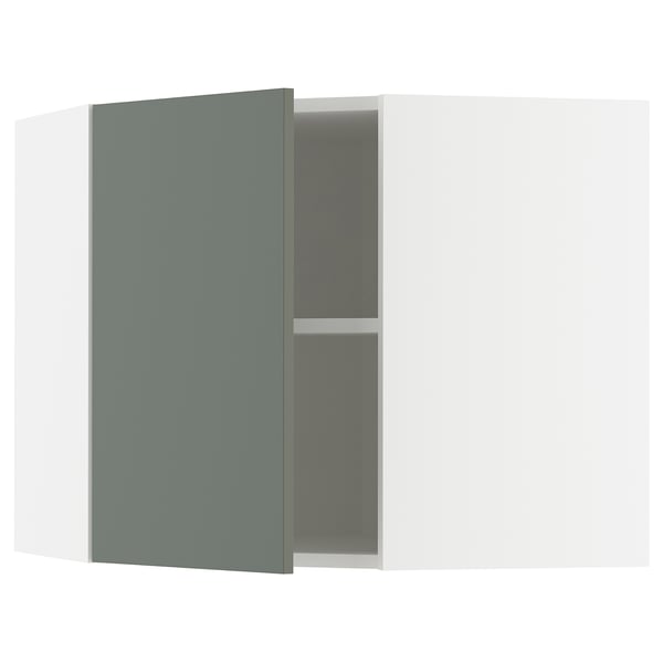 Armoire METOD gris-vert, partiellement ouverte, avec une étagère.