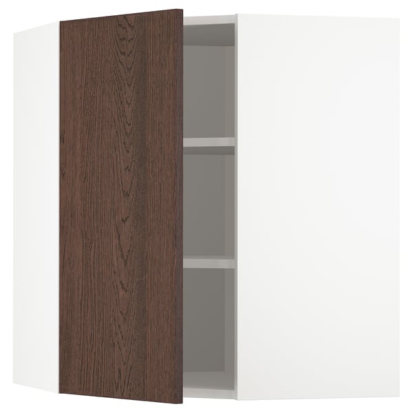 Armoire de cuisine ouverte avec porte en bois brun foncé, étagère réglable, design moderne, intérieur blanc.