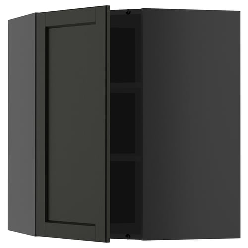 Armoire de cuisine ouverte vert foncé, montrant les étagères.
