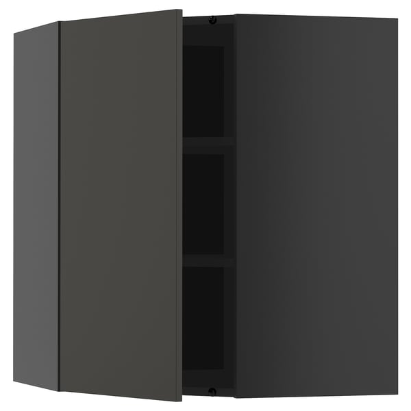 Armoire d’angle modulaire en gris foncé avec deux étagères, élégante et minimaliste.