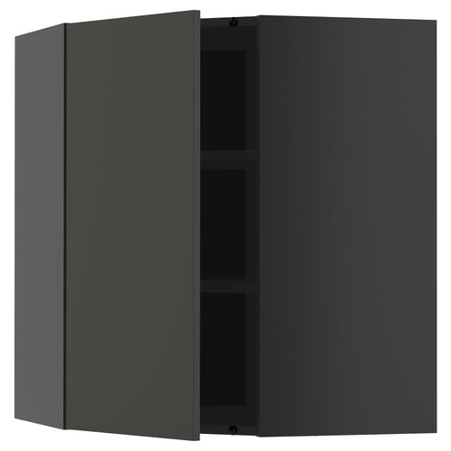 Armoire d’angle modulaire en gris foncé avec deux étagères, élégante et minimaliste.