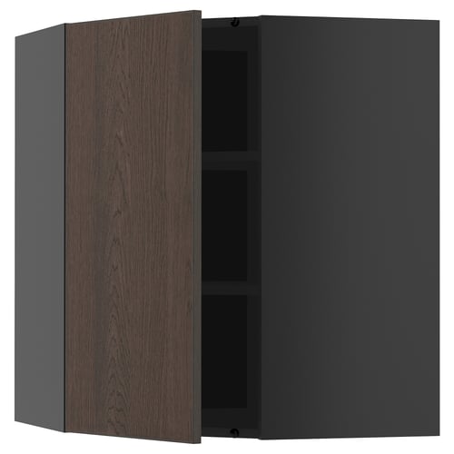 Armoire d’angle ouverte avec porte en grain de bois brun foncé. Étagère réglable à l’intérieur, montée à gauche ou à droite. Cadre extérieur gris.