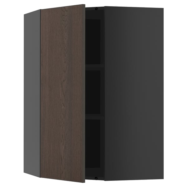 Armoire de cuisine moderne, brun foncé, texture bois, porte unique ouverte, cadre gris, étagère réglable à l’intérieur, design minimaliste.