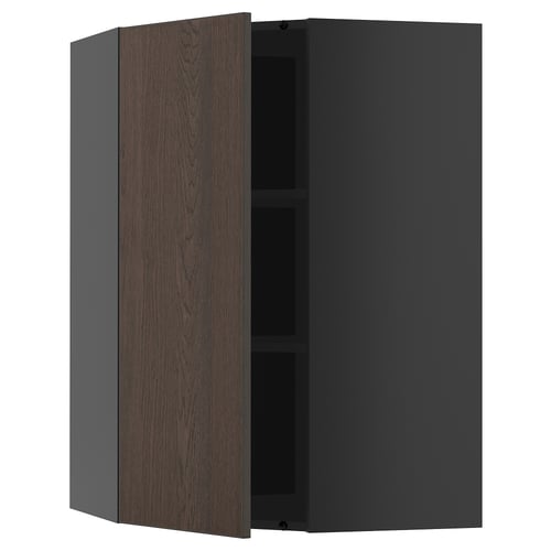 Armoire de cuisine moderne, brun foncé, texture bois, porte unique ouverte, cadre gris, étagère réglable à l’intérieur, design minimaliste.