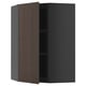 Armoire de cuisine moderne, brun foncé, texture bois, porte unique ouverte, cadre gris, étagère réglable à l’intérieur, design minimaliste.