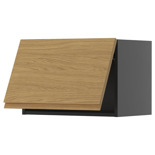 Armoire de cuisine moderne avec dessus en bois de style chêne, base gris foncé, design minimaliste.