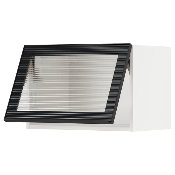 Armoire de cuisine noire moderne avec porte en verre élégante avec texture de roseau vertical.