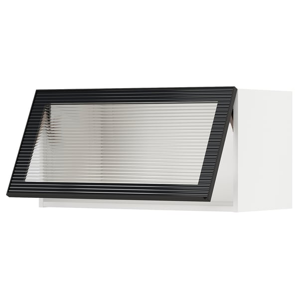 Armoire de cuisine moderne noire avec porte en verre biseauté. Élégant et minimal.