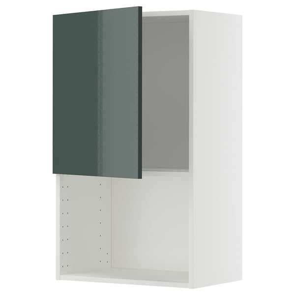 Meuble de cuisine Ikea METOD en gris-vert brillant avec étagères réglables.