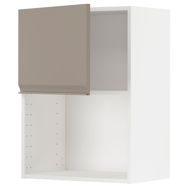Une armoire de cuisine ouverte et blanche avec une porte beige. L’armoire est dotée d’étagères réglables et de charnières à encliquetage.
