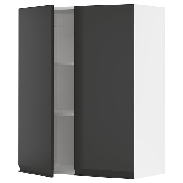 Armoire de cuisine noire moderne avec poignée mate élégante, étagère réglable et cadre robuste.
