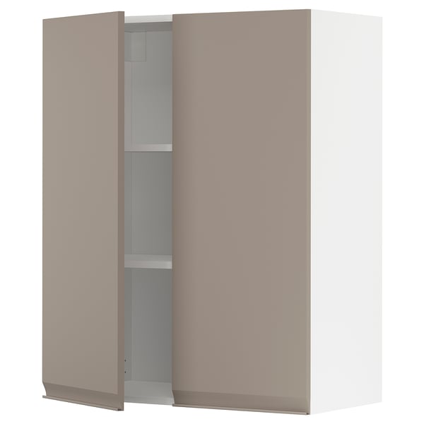 Armoire murale moderne gris-beige, façade plate, étagère réglable.