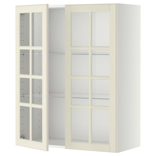 Meuble de cuisine Ikea METOD, blanc cassé, portes vitrées, panneaux carrés, étagères réglables.