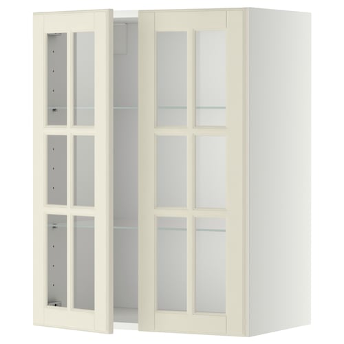 Armoire de cuisine METOD blanche avec portes en verre dépoli et étagères réglables.