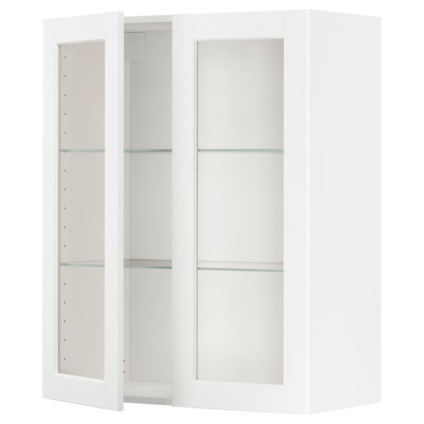 Une armoire de cuisine METOD blanche avec des portes vitrées et des étagères réglables.