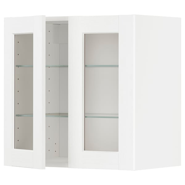 Une armoire de cuisine METOD blanche avec des portes en verre, au design classique avec des étagères réglables.