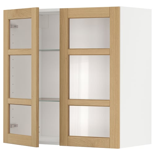 Armoire murale à cadre en bois avec portes en verre, chêne clair, rectangulaire, design moderne.
