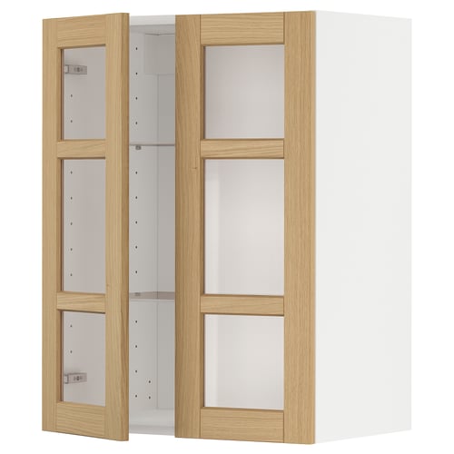 Armoire murale METOD en chêne clair, portes vitrées, étagères réglables, rangement de cuisine moderne.