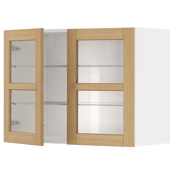 Armoire de cuisine murale, blanche et chêne, avec portes vitrées.