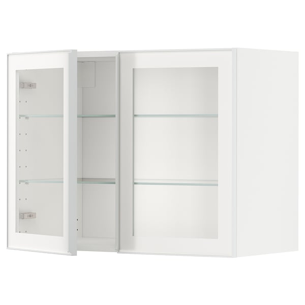 Armoire de cuisine METOD blanche avec étagères et poignée en verre transparent.