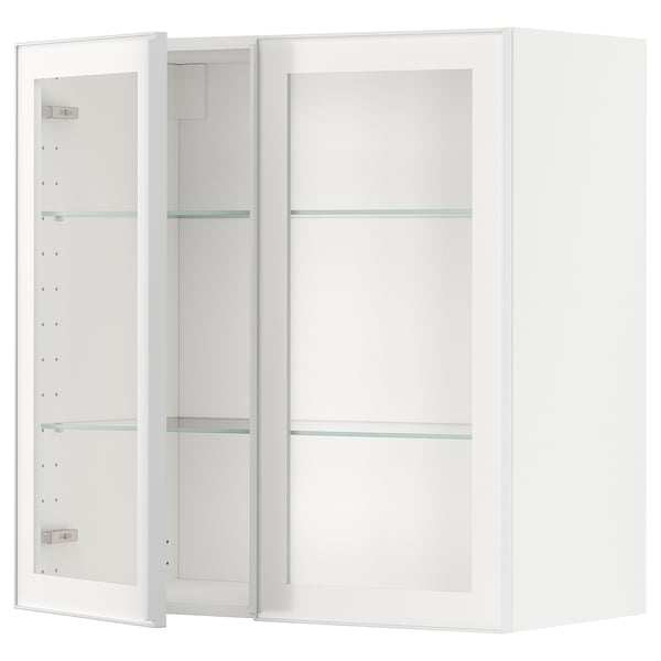 Armoire moderne à portes vitrées METOD blanche avec étagère réglable, cadre en aluminium.