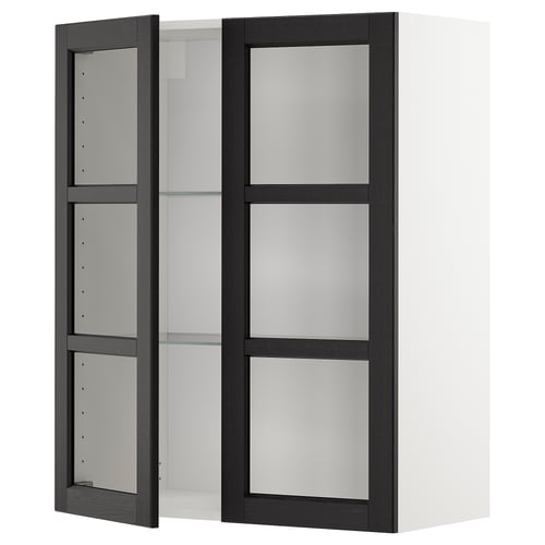 Armoire de cuisine METOD, frêne teinté noir avec portes en verre dépoli.
