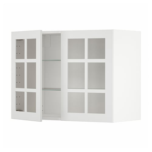 Armoire murale blanche METOD avec portes en verre et étagère réglable.