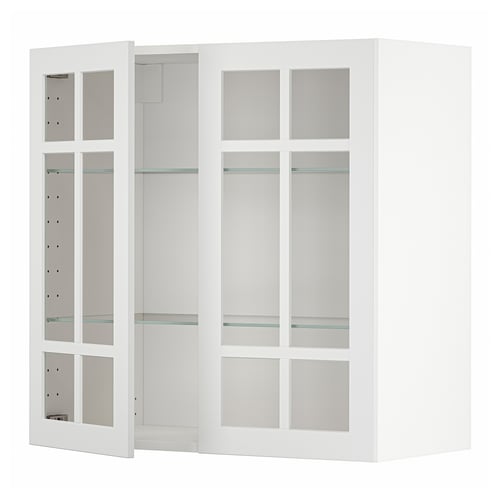Armoire de cuisine METOD blanche avec portes et étagères en verre.