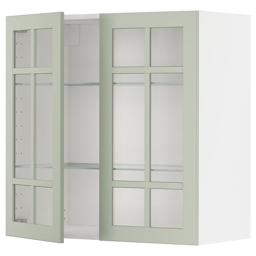 Armoire de cuisine METOD : verte, portes vitrées, design carré, étagères réglables.
