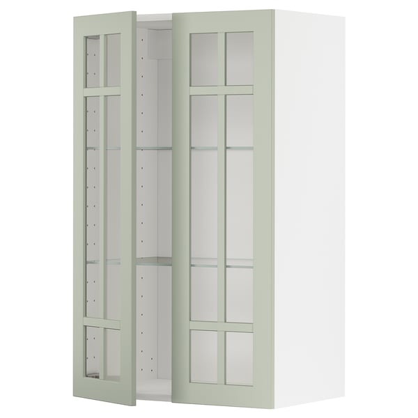 Armoire de cuisine ikea METOD vert sauge avec portes en verre et étagères réglables.