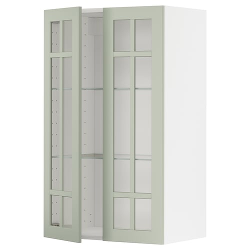 Armoire de cuisine ikea METOD vert sauge avec portes en verre et étagères réglables.