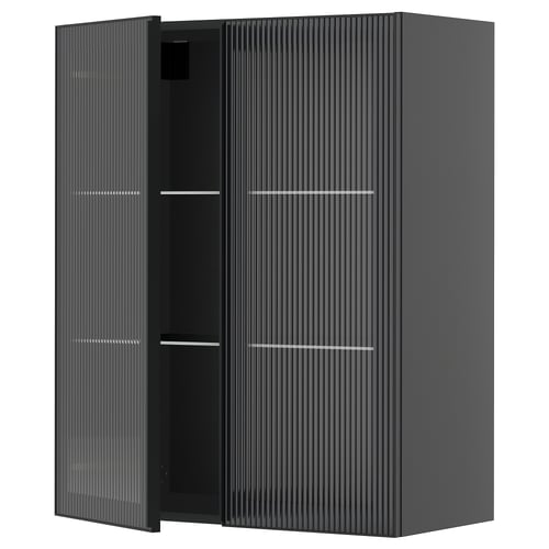 Armoire de cuisine METOD gris foncé avec portes en verre hejsta et design à lames verticales. Poignées minces en métal et étagères réglables à l’intérieur.