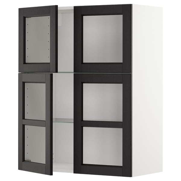 Armoire de cuisine METOD en bois teinté noir avec portes en verre.
