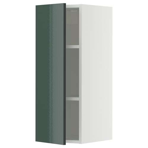 Armoire METOD, gris-vert brillant, murale, cadre blanc, deux étagères.
